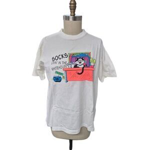 Vtg 90s Y2k Yaga 100% Cotton White Socks The Cat T-shirt White House Clinton XL